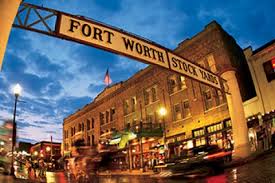 Night view of the Fort Worth Stock Yard sign